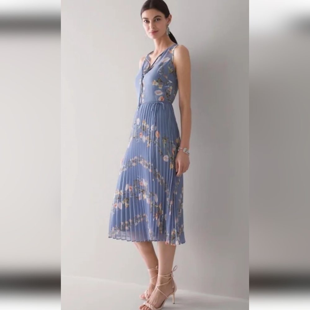 White House Black Market Dusty Blue Floral Pleated Midi Dress